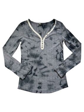 Anthropologie POL Ribbed Tie Dye Long Sleeve Henley Top Stretch Button Lace MED